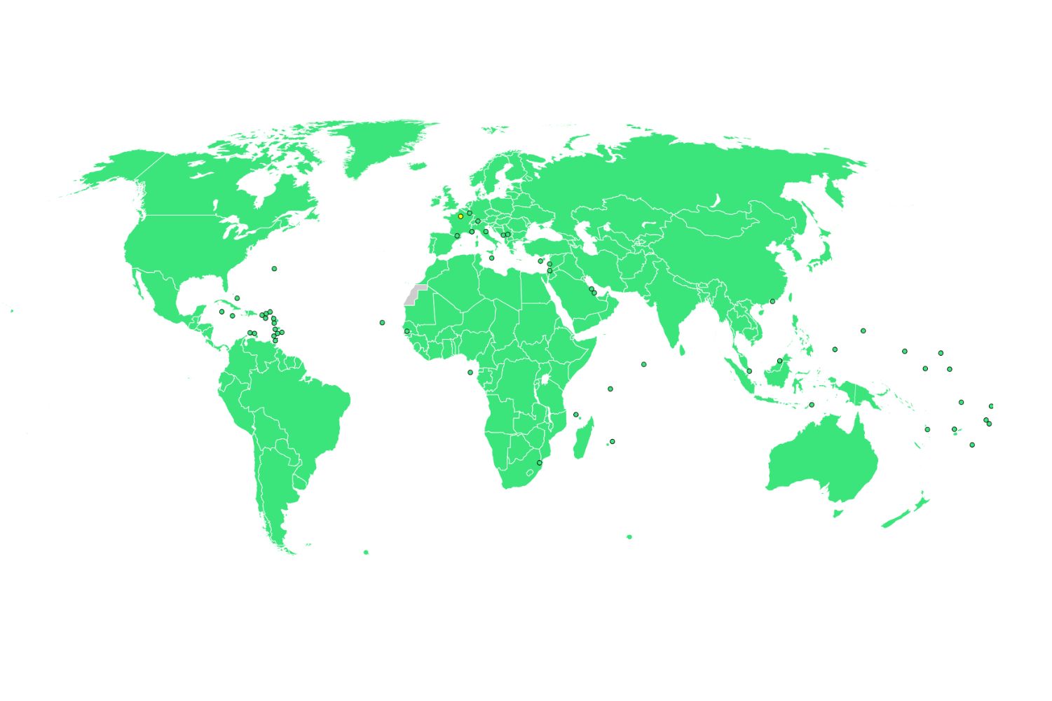 Mapa com os países participantes dos jogos [em verde]